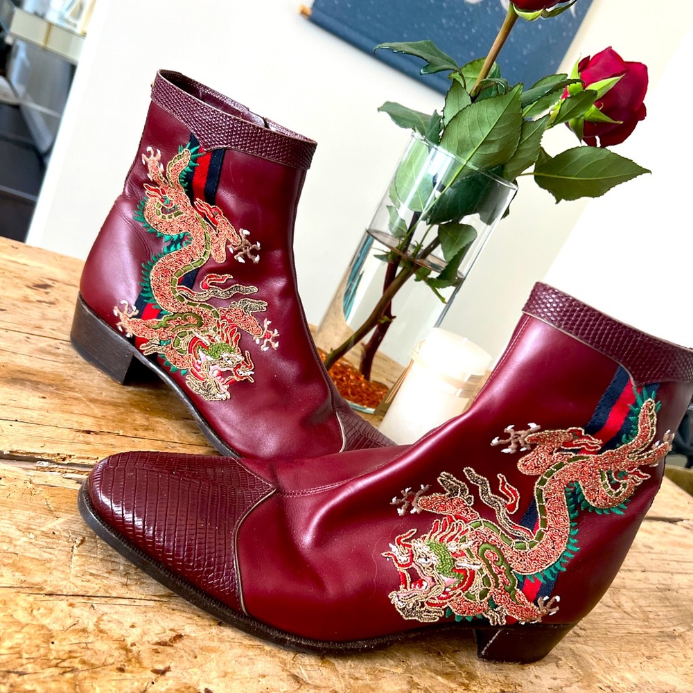 Gucci Web Stripe Dragon Embroidered Leather Chelsea Boot
